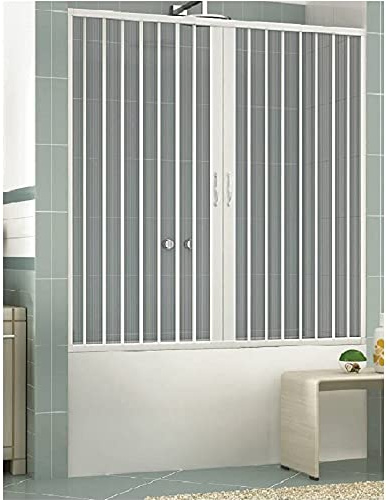 Badewannenabtrennung aus PVC Nische Breite 140 cm, Höhe 150 cm Modell ASIA, weiß, Duschkabine mit zentraler Öffnung mit zwei Falttüren, auch kürzbar (Breite 140 cm, Höhe 150 cm)