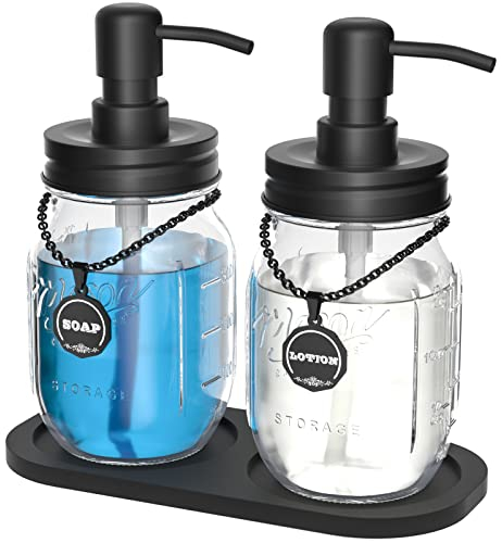 HvOvMvE Mason Jar Soap and Lotion Dispenser Set with 2 in 1 Non-Slip Coaster, Rustproof Stainless Steel Lids and Pumps, Soap Labels, Farmhouse Decor for Bathroom or Kitchen (Black)