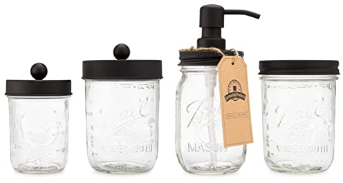 Jarmazing Products Ball Mason Jar Bathroom Gift Set (4 pcs) - Lotion/Soap Dispenser, Toothbrush Holder, Q-Tip Storage Jars - Farmhouse Home Decor for Vanity Organization - Luxury Accessories - Black