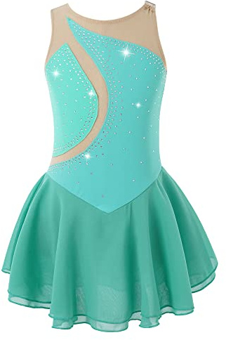 YiZYiF Abito da Pattinaggio Artistico Bambina Senza Maniche Vestito Glitter Strass Body Ginnastica Body Leotards da Danza Balletto Dancewear Verde 13-14 Anni