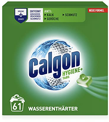 Calgon Hygiene+ Tabs – Schutz vor Kalkablagerungen und Schmutz – Wasserenthärter mit Hygieneschutz für die Waschmaschine – 1 x 61 Tabs Unparfümiert