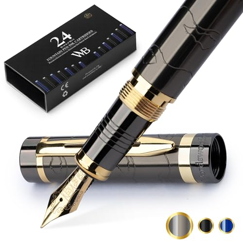 Wordsworth & Black Primori Füllfederhalter-set [Gunmetal Gold]; Extrafeine Feder, Geschenketui, 24 Tintenpatronen, Nachfüllkonverter, Handbuch; Journaling, Kalligraphie, Stifte Für Glattes Schreiben