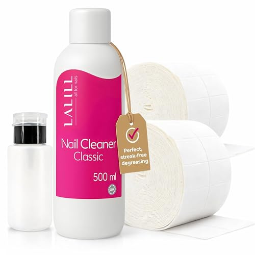 Lalill Nagelavfettningsmedel 500 ml Set - Nail Cleaner med bomullspinnar och pumpflaska - 200 ml pumpdispenser, 1000 bomullspinnar, gelnagelavfettningsmedel, hybrider och borstar