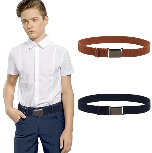 Kajeer Kids Belts 2 Pack for Boys Girls Elastic,Adjustable Silver Square Buckle Boy Toddler Belt for School Uniforms Causal