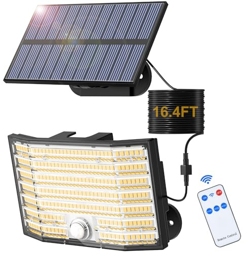 MinPea Lampes solaires d'extérieur avec détecteur de mouvement, 1 pièce 226 LED, 3 modes, spot solaire IP65, étanche IP65, angle d'éclairage 180°, applique murale solaire pour jardin, avec câble de 5