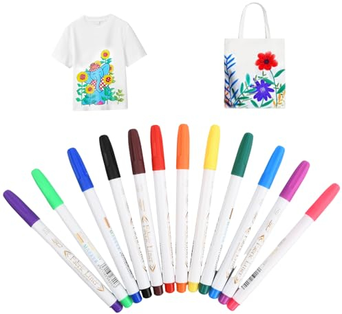 Penne per Tessuto, 12 Colori Pennarelli Tessili, Fabric Pens, Penne Pennarelli Tessuto Permanente, Pennarelli Acrilici, Penna per Tessuti in Stoffa per Jeans Borse di Tela Scarpe Magliette Cappelli