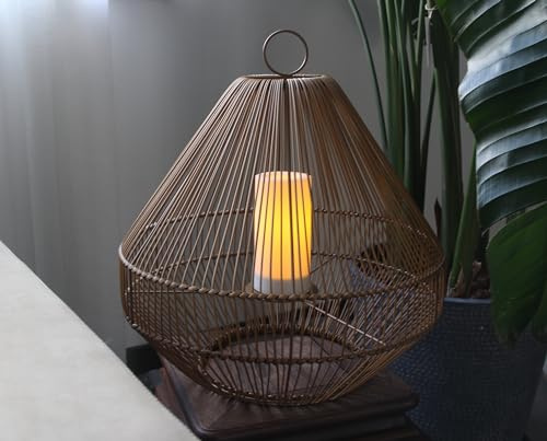 Solar Laterne mit Kerze Polyrattan Windlicht 45 cm Solarlampe Solarleuchte Hängeleuchte Rattan Lampe Gartenleuchte Tischlampe Tischleuchte (45 x 43 cm)