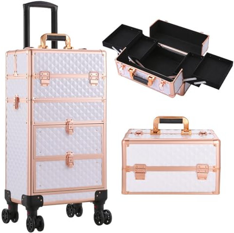 Qivange 4 in 1 Makeup Case Aluminium Vanity Case with Detachable Makeup Box and 2 Sliding Drawers,Professional Beauty Hairdressing Trolley on Wheels with Key Lock (White)