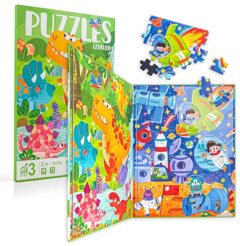 ECCHY Magnetic Puzzles for Kids 5+ Year Olds, 2-in-1 Space Dinosaur Jigsaw Puzzles (60 & 72 Pieces) for Children, Brain Teaser Puzzle Gifts for Birthday Christmas Happy New Year