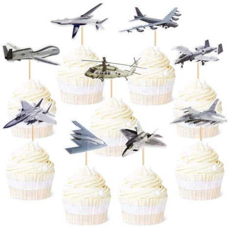 Lot de 18 décorations pour cupcakes sur le thème de l'armée de l'air - Avion militaire - Avion de chasse