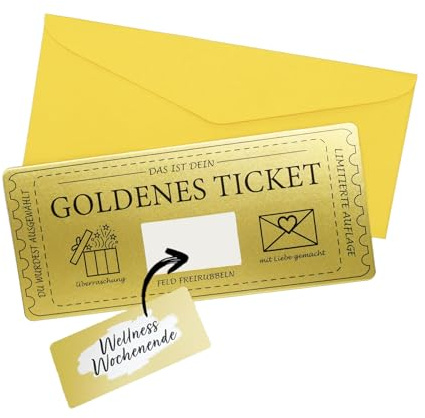 GEHENFRUCHT Goldenes Ticket Geschenkkarte mit Rubbellos - Gutschein zum Selberausfüllen für Kinobesuch, Reise & Geburtstag - Kreatives Geschenk für Frauen, Freundin, Mama, Papa (1 Stück)