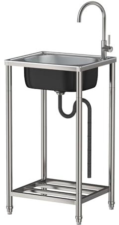 Edelstahl Waschbecken Ausgussbecken mit Ständer,Waschbecken Garten Mobiles Spültisch mit Hahnloch und Überlauf für Wäsche Hinterhof Garage Outdoor 50 * 40cm
