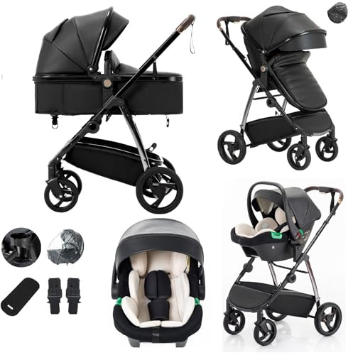 Lnhcrbs Travel Systems 3 in 1 Prams with Car Seat, Travel Pram with Rain Cover & Cup Holder, Baby Stroller with One-Hand Foldable Aluminum Frame Suitable for 0-4 Years (22kg),Black