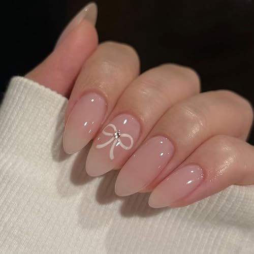 Ceboic 24 Stück Künstliche Nägel Mandel Mittel, Glänzend Nude Rosa Nägel zum Aufkleben mit Fliege Design, Natürlich Press on Nails Full Cover Acryl Kunstnägel zum Aufkleben für Frauen Mädchen