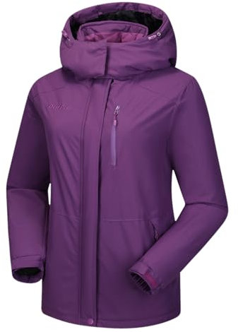 OutPro Skijacke Damen Wasserdicht Snowboardjacke Winterjacke Hooded Warm Winterjacke Dickes Gänsedaunenfutter Doppelte Seitentaschen Wanderjacke mit Reißverschluss für Outdoor-Aktivitäten Violett 2XL
