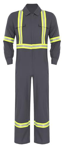 Kvysinly Tuta da lavoro da uomo, con strisce riflettenti, alta visibilità, chiusura lampo, tuta protettiva, grigio., 4XL