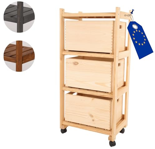 MODO24 Kistenregal mit 4 Ebenen, Holzrahmen, 3 Kisten S01 40x30 cm, Rollen, Naturfarben, 102x48x34 cm
