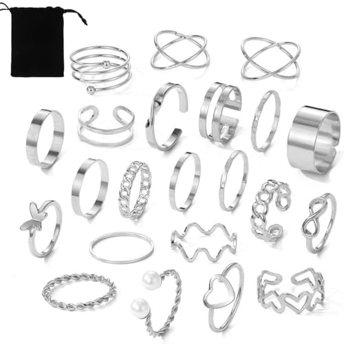 NJCXOLA 22 Pezzi Set Anelli Donna Acciaio Inossidabile Boho Anelli Aperto Minimalista Impilabili Anelli Argento Regolabili Nocche Anello
