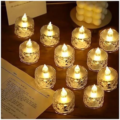 12 Pcs LED Tea Light Candles, Transparent Rhombus Crystal Warm Lights, Battery Operated Fake Candles Light, Battery Tea Lights Non Flickering for Votive Party Wedding Birthday Home Decoration