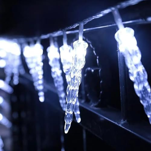DINOWIN LED Eiszapfen Lichterkette 9.85FT 20LED Batteriebetriebene Wasserdicht Lichterkette für Innen Außen Balkon Terrasse Garten Partys Weihnachten Hochzeit (Weiß)