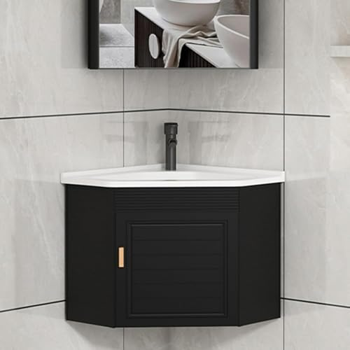Pounjsd Lavabo montado en la pared, Encimera de cerámica, Fregadero Cocina Esquina, juego de bañera de cerámica pequeña, Lavabo Cerámica de Esquina Baño,Lavabo esquinero -17in, semicircular Negro