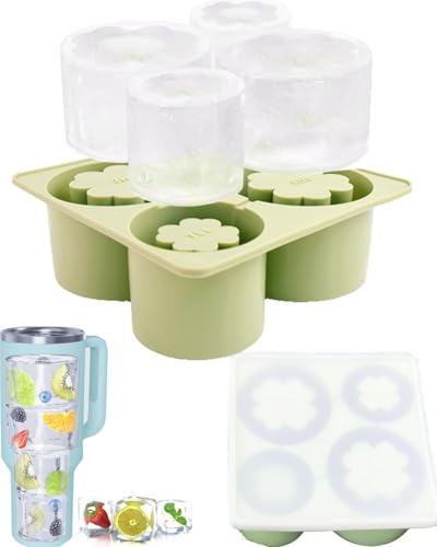 XYFuuee isbitsform för Stanley Cup 40 30 567,0 g, 4 fack blomma silikon isform med lock, BPA-fri, Stanley Quencher tumbler mugg tillbehör, grön