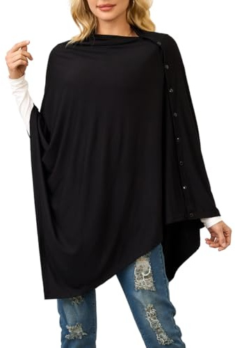 Ferand Women's Lightweight Poncho Tops Versatile Buttoned Shawl Wraps for Spring Summer, Black