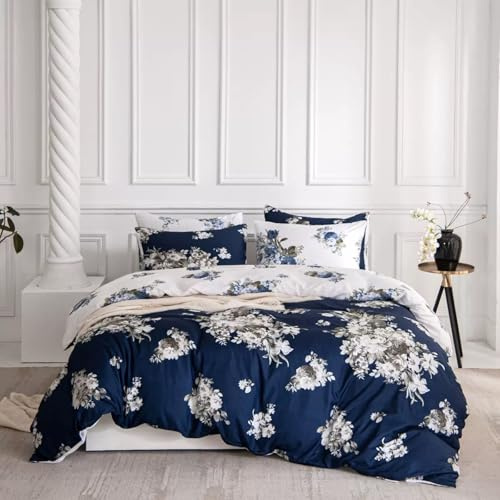 E-yimeng Double Bedding Set Floral Duvet Cover Sets Navy Blue Flower Bed Cover with 2 Pillowcases Zipper Luxury Reversible White Hotel Quality Easy Care Super Soft Bedding Collections 200x200 cm