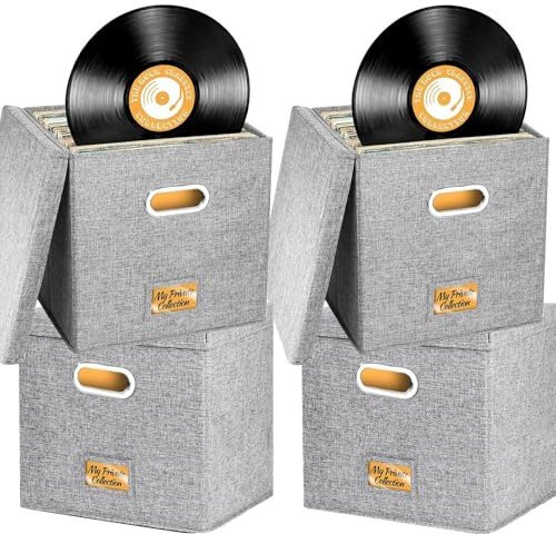 Aolawco 4 PZ Scatola per conservazione dischi in vinile da 30,48 cm, Custodia per CD con coperchio e maniglie, Scatole pieghevoli per conservazione LP contengono fino a 100+ dischi singoli