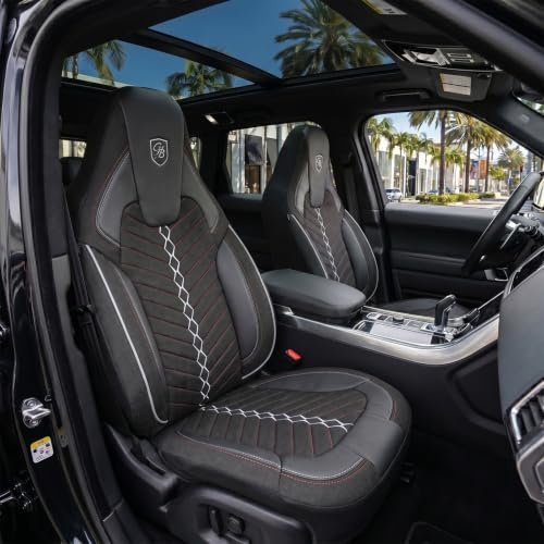 GIOVANNI BUTTI Coprisedili universali per auto e SUV – Coprisedili anteriori di alta qualità, in lino, nero-grigio, compatibili con airbag, coprisedili per auto, set completo con kit di montaggio