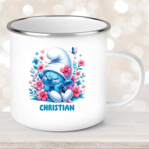 Tasse Kinder Schlumpf #1 mit Blumen Wunschname Emaille Kinderbecher personalisiert