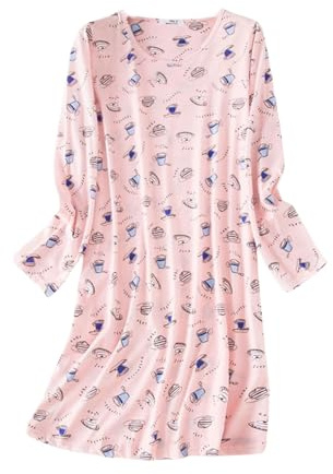Camicia da notte da donna in cotone – Camicia da notte per donne anziane a maniche lunghe girocollo in cotone pigiameria divertente motivo carino loungewear comodo casa t-shirt vestito sciolto casual