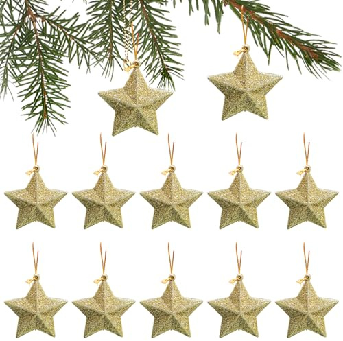 GESDYO 12PCS Gold Glitter Star Christmas Tree Decorations 7.5cm - Mini Hanging Ornaments with String, Shatterproof Xmas Pendants for Tree, Fireplace, Wreath & Party