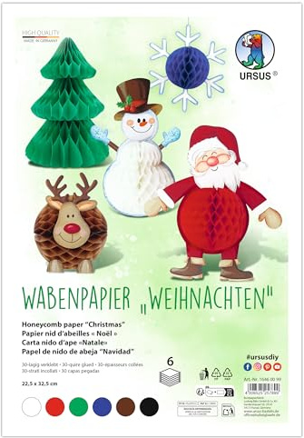 Ursus 1646 00 99 - Wabenpapier Weihnachten, 6 Stück, ca. 22,5 x 32,5 cm, 30-lagig verklebt, Bastelpapier mit Wabenstruktur, Bastelset für Deko & Figuren