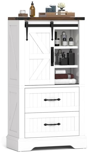 GIANTEX Meuble de Rangement avec Porte de Grange Coulissante, 2 Tiroirs et Étagères Réglables, Meuble Salle de Bain Style Rustique, Buffet Cuisine pour Salon, Cuisine, 59 x 29 x 105 cm, Blanc