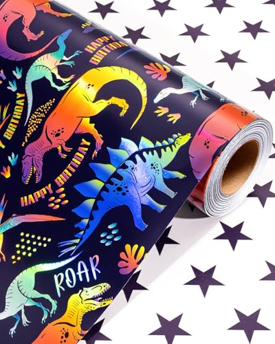 Wikadlik Dinosaurier-Geburtstagspapier - Beidseitig bedrucktes Blaue-Sterne-Geschenkpapier für Kinder, Jungen, Baby-Shower und Vatertag - 43 cm x 10 m