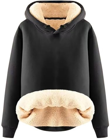 Damsweatshirt med huva, stora storlekar, dam, lång tröja, vinter, varm, fluffig, stickad fleecetröja, fodrad, långtröja, plysch, huvtröja, långärmade tröjor, termisk huvtröja, tjock, svart, 3XL