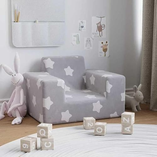 Eleganz Sofá infantil gris claro con estrellas, sofá suave de felpa para habitación infantil, 100% poliéster, cómodo y acogedor, perfecto para jugar y relajarse