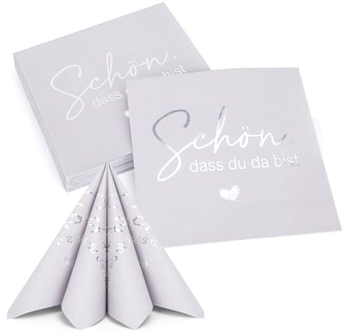 40 Stück Servietten Schön Dass Du Da Bist -Heißfolienprägung Design,Grau Silber Servietten Geburtstag,3-Lagig Tischdeko Papierservietten Spruch für Geburtstags Cocktail Feiern Napkins Deko
