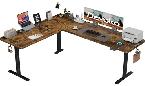 Devoko Höhenverstellbarer Schreibtisch L-Form 190 x 155cm mit USB-A, Braun