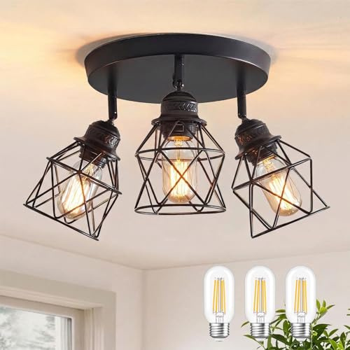 IRONDELIC Deckenstrahler 3 Flammig Schwarz Deckenlampe Vintage inkl. 3x E27 LED Birnen, Deckenleuchte Industrial 360° Schwenkbar Deckenspots für Küche Wohnzimmer Schlafzimmer Flur Esszimmer