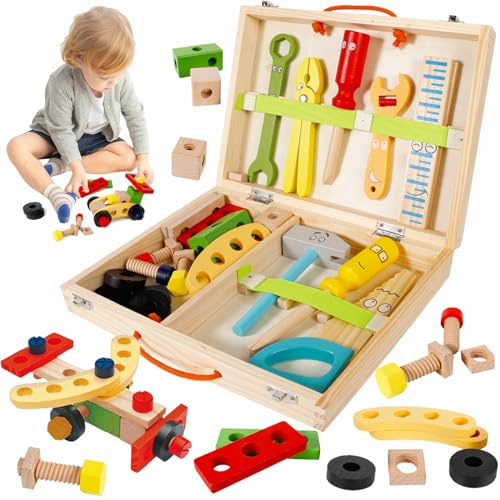 XUNIVERS Cassetta Attrezzi Bambini,34 Pezzi Cassetta degli Attrezzi in Legno Bambini Giocattolo,Attrezzi da Lavoro Costruzioni con degli Attrezzi,Fai-da-Te Banco da Lavoro,Regalo Bambina Bimbo 2-6