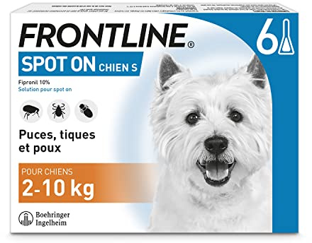 FRONTLINE Spot On Chien - Anti Puces, Anti-Tiques & Poux broyeurs - Élimine Puces Pendant 2 Mois /Tiques Pendant 1 Mois - Pour Petit Chien 2 à 10 kg - Fabriqué En France - 6 Pipettes
