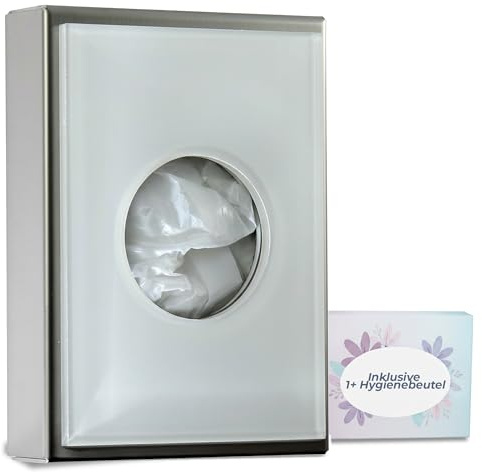 Schönbeck Design Hygienebeutelspender aus Edelstahl - gebürstete Oberfläche mit weißer Acrylfront, kompakter Spender für Hygienebeutel für Damenbinden und Tampons, hergestellt in Deutschland