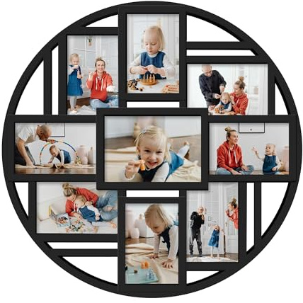 Jerry & Maggie Bilderrahmen, rund, rund, schwarz, niedlich, Selfie, Galerie, Collage, Wandbehang für 15,2 x 10,2 cm, 9 Fotofassungen (schwarz)