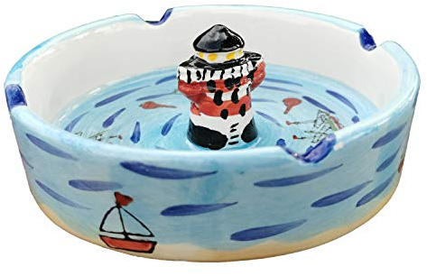 Windaschenbecher Küste Keramik Maritim Boot Leuchtturm Wind Becher Ascher Meer Nordsee Deko Aschenbecher (LT 12cm)