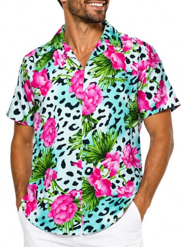 King Kameha Camisa Hawaiana para Hombre de Manga Corta con Estampado de Leopardo, Leopard-Flowers, Azul-Claro, XXL