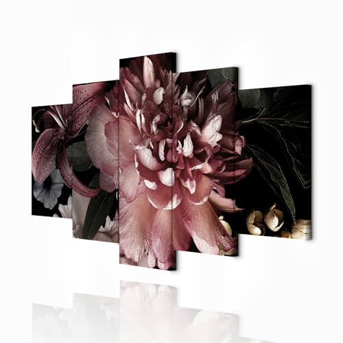 decomonkey Bilder Blumen 200x100 cm 5 Teilig Leinwandbilder Bild auf Leinwand Vlies Wandbild Kunstdruck Wanddeko Wand Wohnzimmer Wanddekoration Deko Natur Lilie Pfingstrose