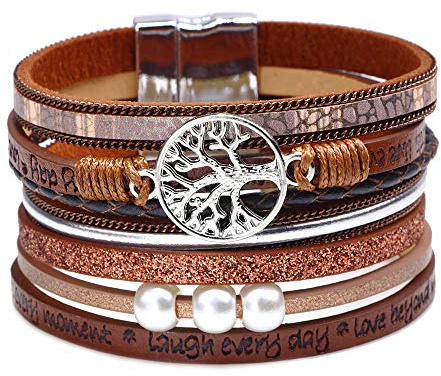 FGFD&OU Lederarmband Damen Herren Leder Wickelarmbänder Baum des Lebens Armband mit Magnetverschluss aus Edelstah Bracelet für Frauen & Mädchen (Braun)