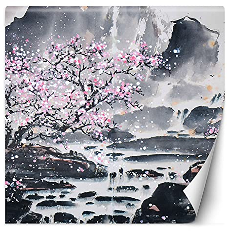 Feeby Papier Peint Intisse Aquarelle Japon 150x150 cm rose Déco Murale Trompe L' Oeil Tapisserie Moderne Salon Chambrea' Coucherr Salle De Bain Cuisine Ruisseau Skaly Fleur De Cerisier